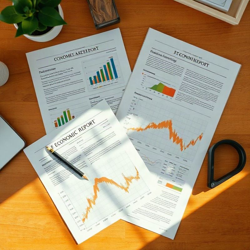 Informes económicos impresos sobre un escritorio de madera